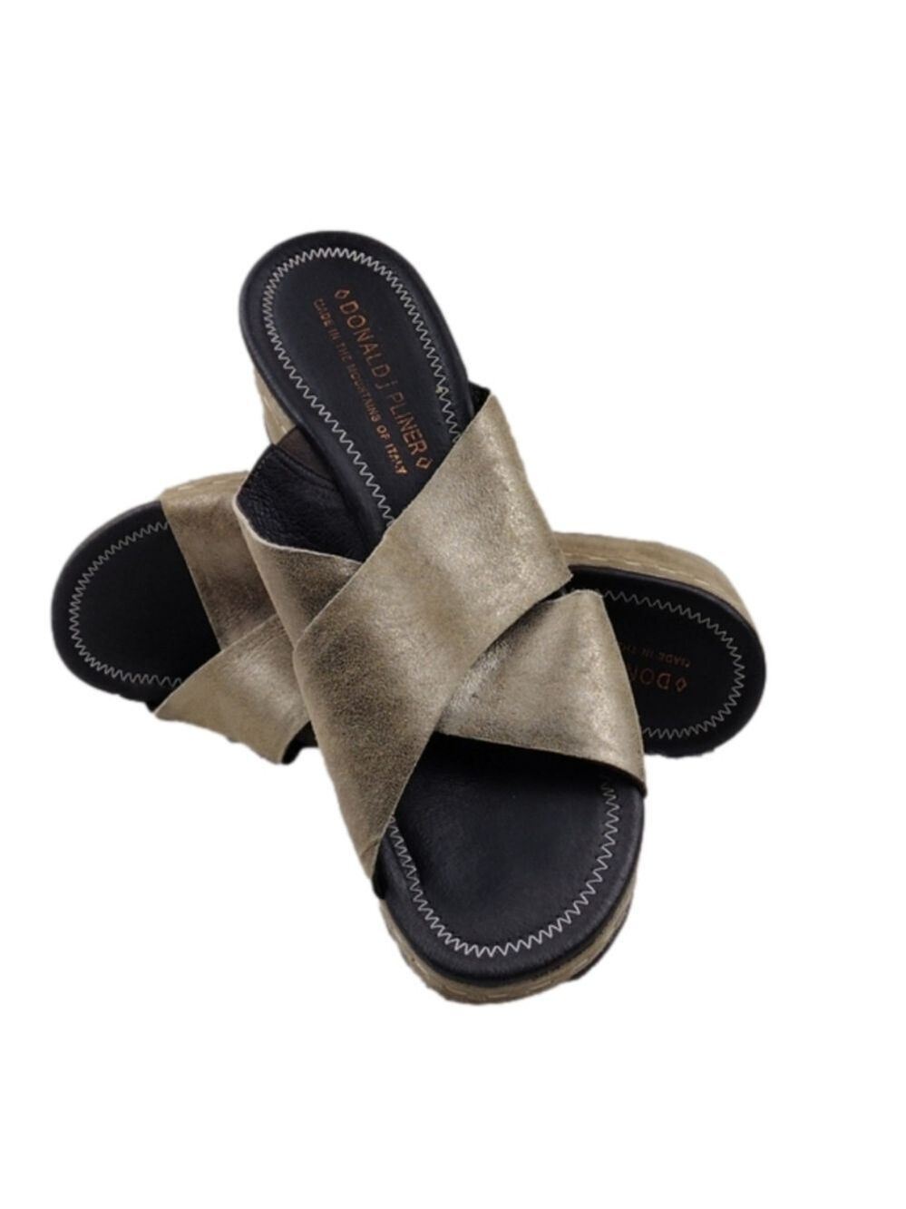 Donald J Pliner Syna Gold Metallic Leather Cross Strap Open Toe Slide Wedge Shoe